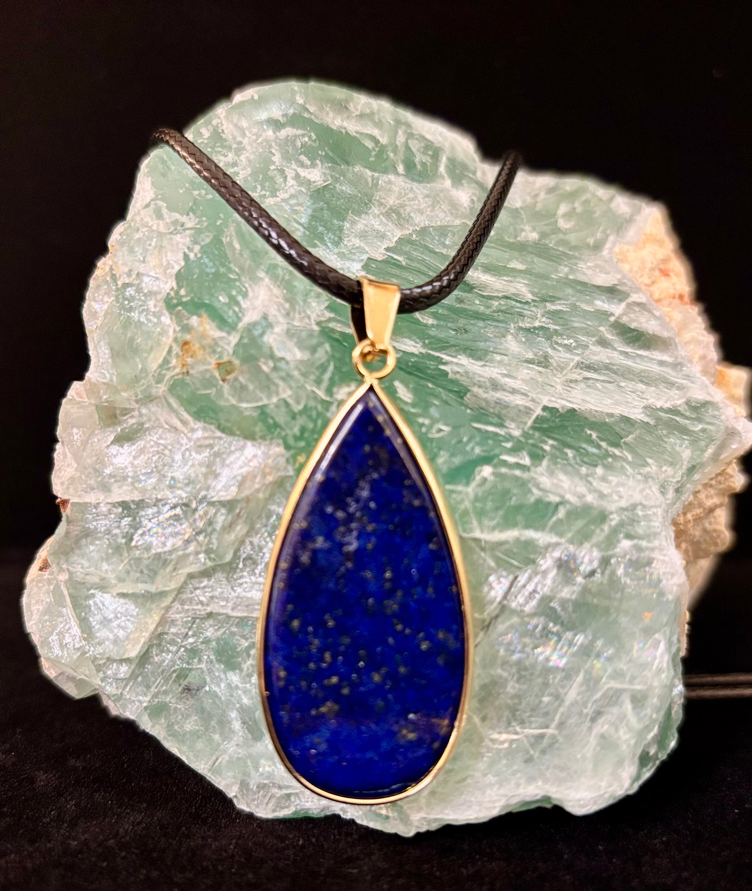 Royal Lapis Lazuli Pendant Necklace – Natural Blue Gemstone on 22” Leather Rope (2 Styles)