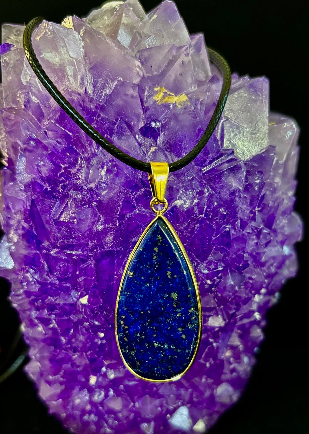 Royal Lapis Lazuli Pendant Necklace – Natural Blue Gemstone on 22” Leather Rope (2 Styles)