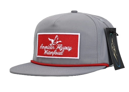 Gray cap with a red and white logo on a white background