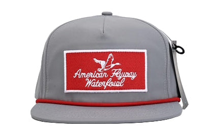 Gray cap with a red and white logo on a white background