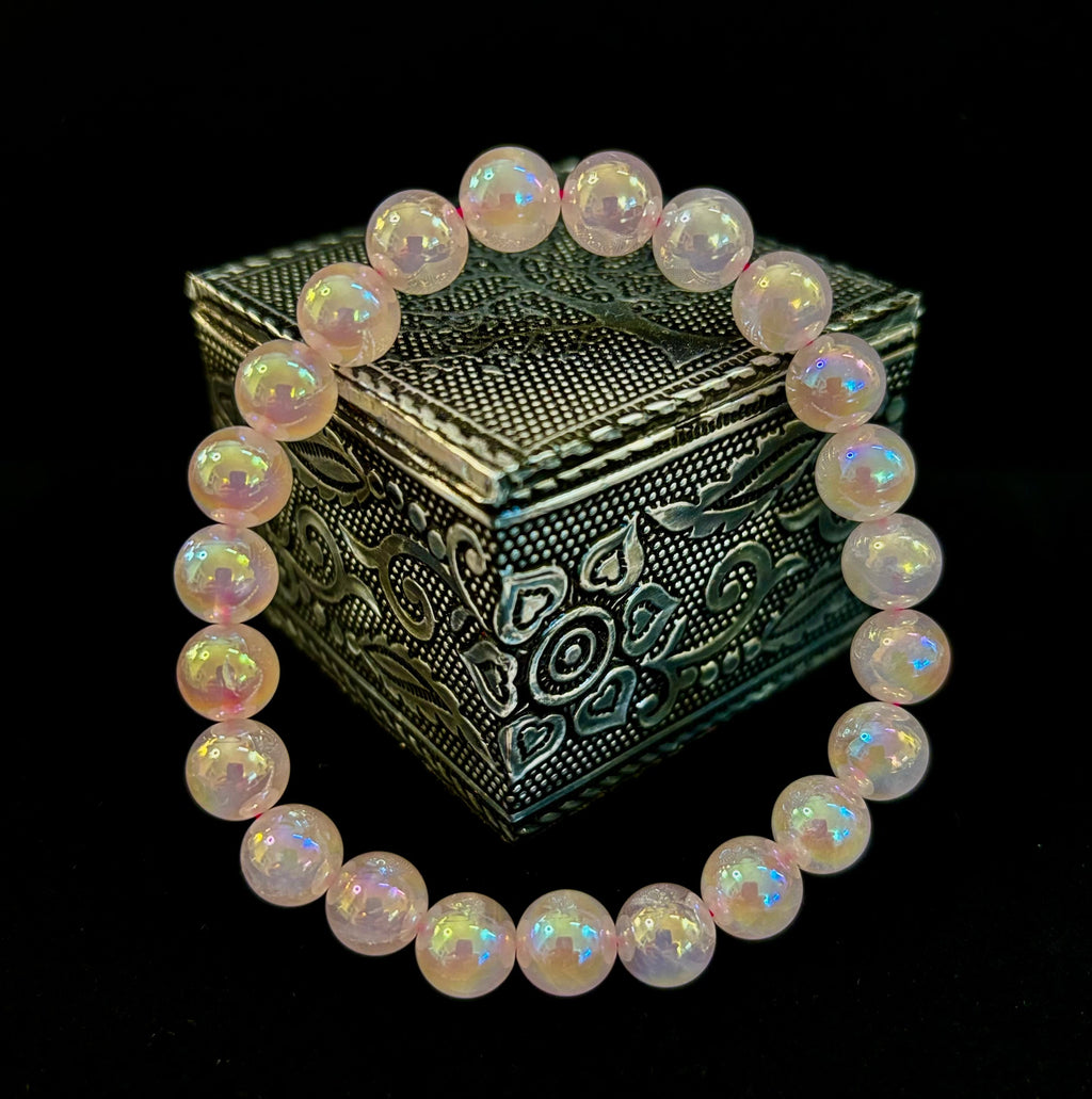 Aura Rose Quartz 8mm Reiki-Infused Love & Healing Crystal Bracelet (7.5” Medium Wrists)