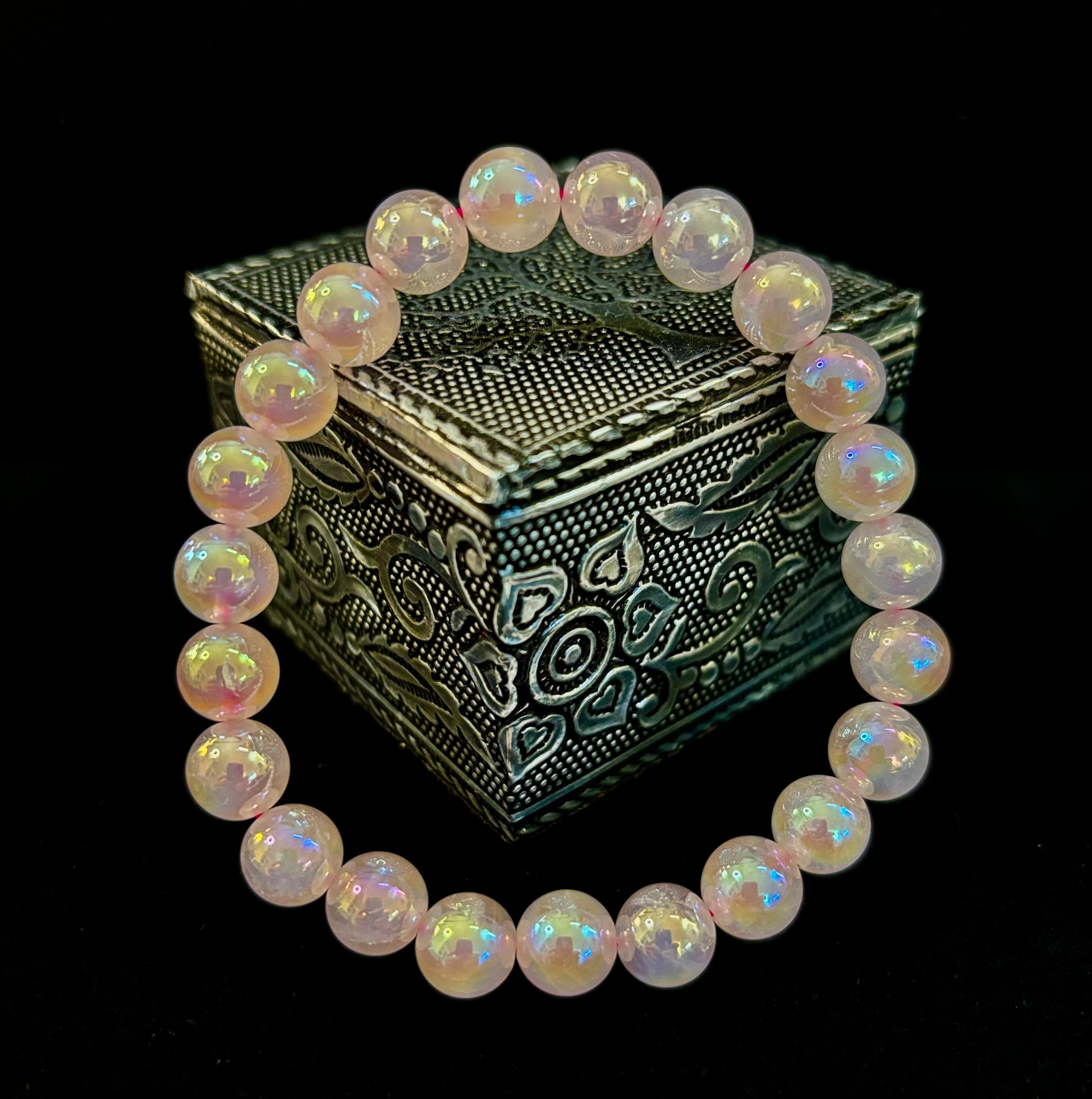 Aura Rose Quartz 8mm Reiki-Infused Love & Healing Crystal Bracelet (7.5” Medium Wrists)