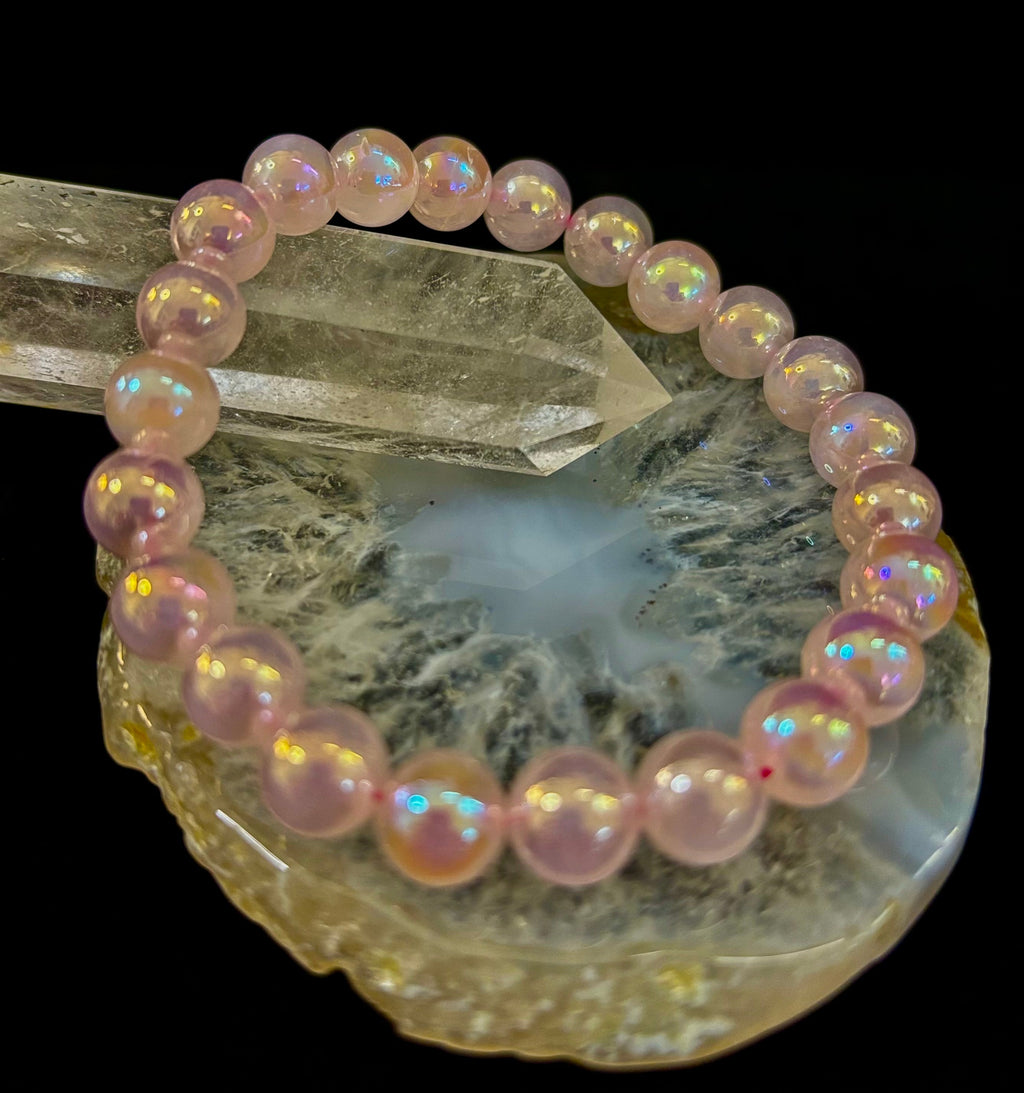 Aura Rose Quartz 8mm Reiki-Infused Love & Healing Crystal Bracelet (7.5” Medium Wrists)