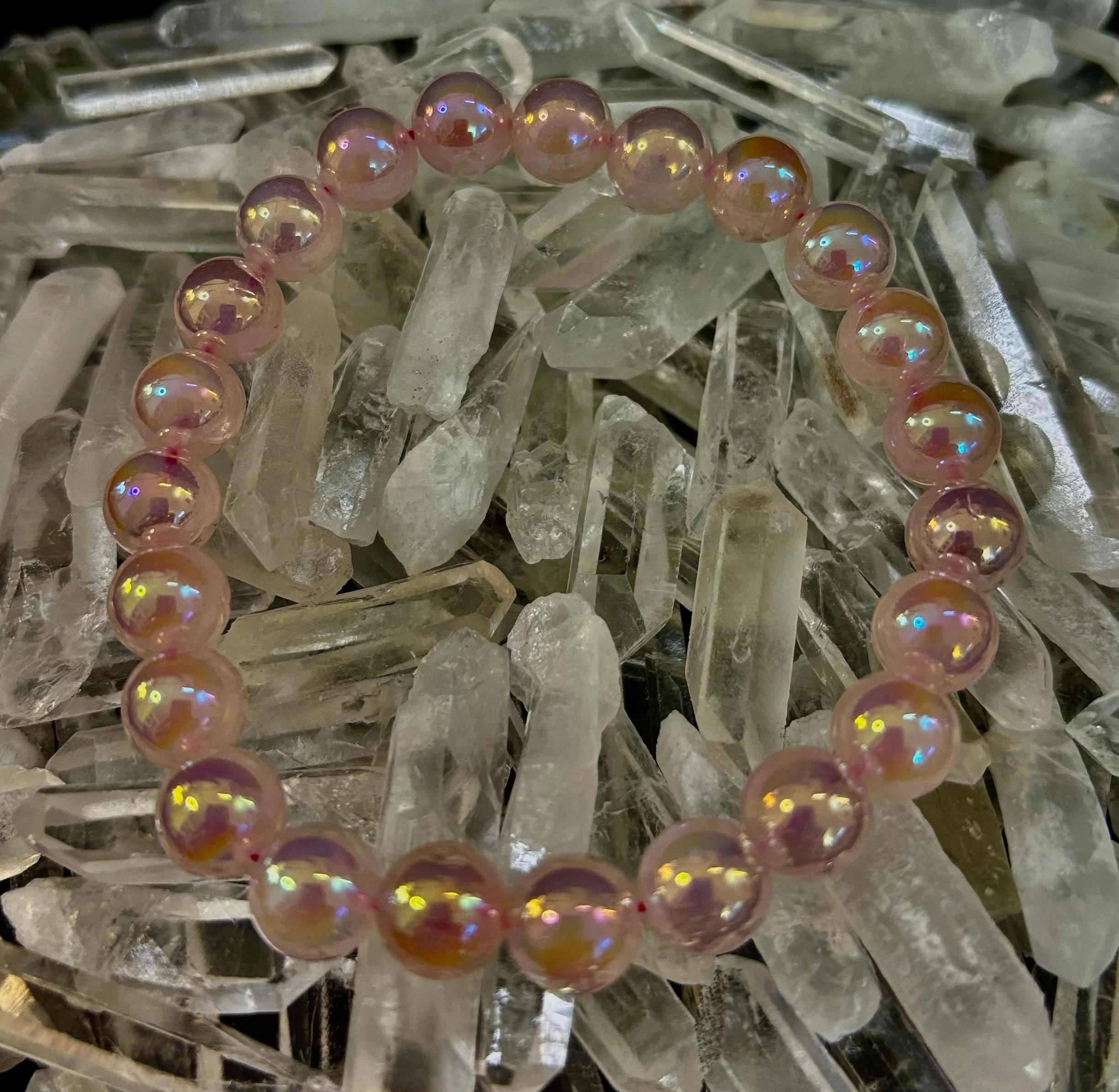 Aura Rose Quartz 8mm Reiki-Infused Love & Healing Crystal Bracelet (7.5” Medium Wrists)