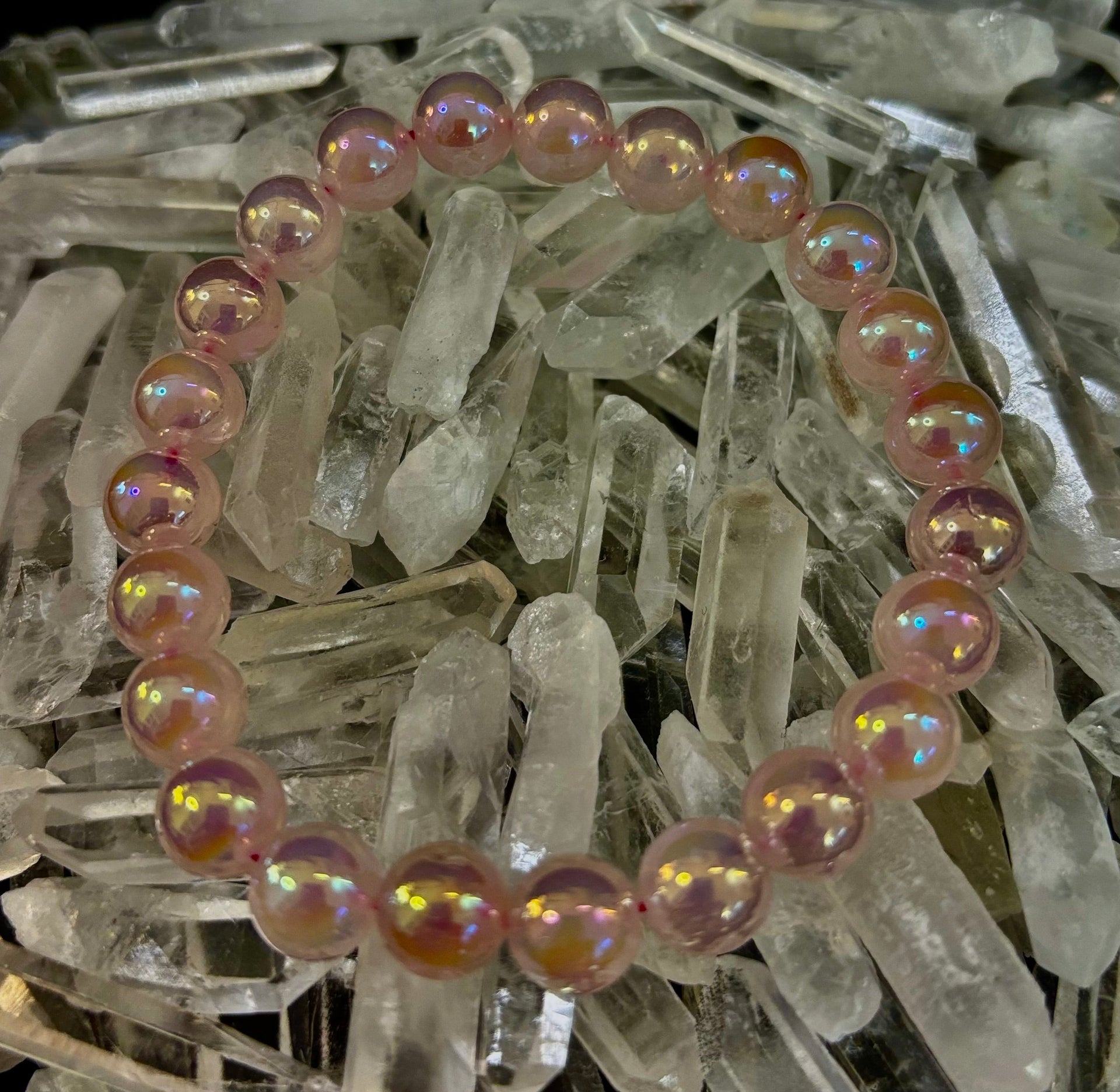 Aura Rose Quartz 8mm Reiki-Infused Love & Healing Crystal Bracelet (7.5” Medium Wrists)