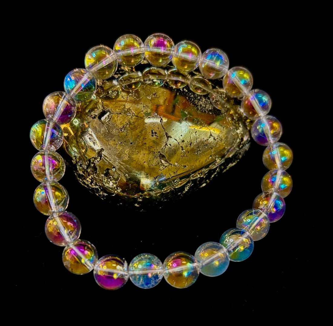 Angel Aura Clear Quartz 8mm Reiki-Infused Healing Crystal Bracelet (7.5” Medium Wrists)