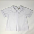 White short sleeve button-up shirt for boys with a Peter Pan collar and center pleat detail