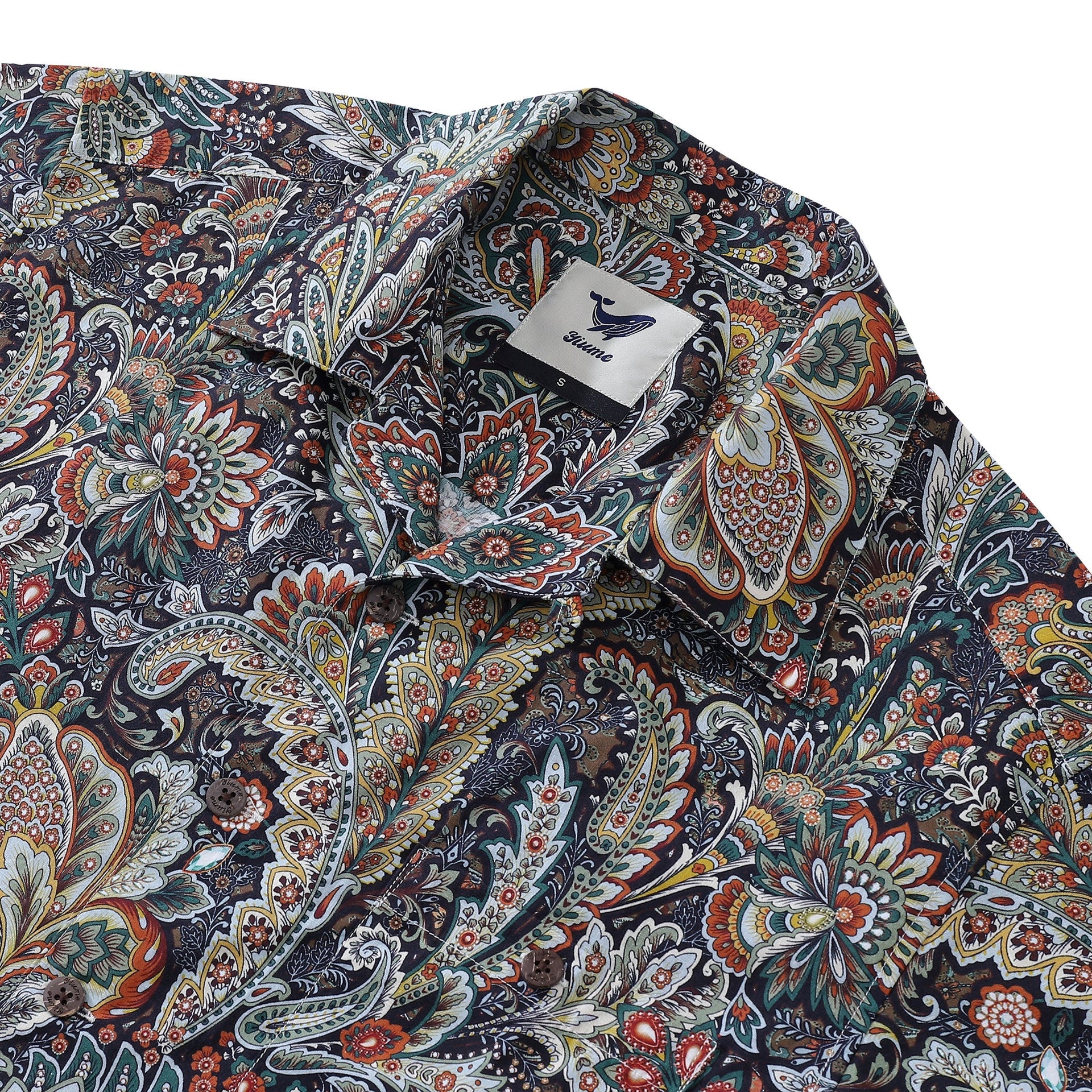 Vintage Scrollwork Print Cotton Camp Collar Shirt for Men