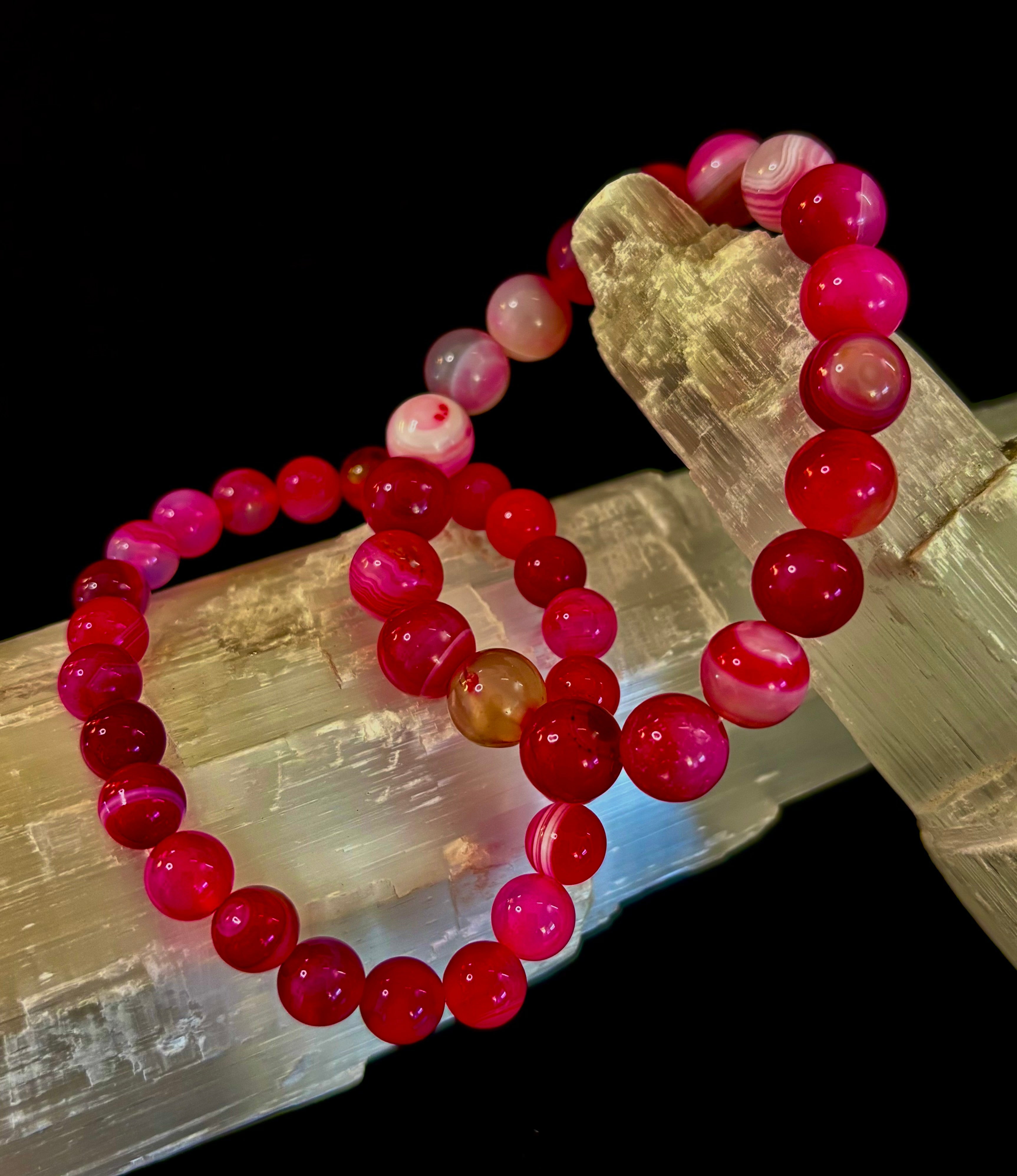 Fuchsia Pink Striped Agate Reiki-Infused Healing Bracelet (8mm or 10mm, 7.5” - Medium Wrists)