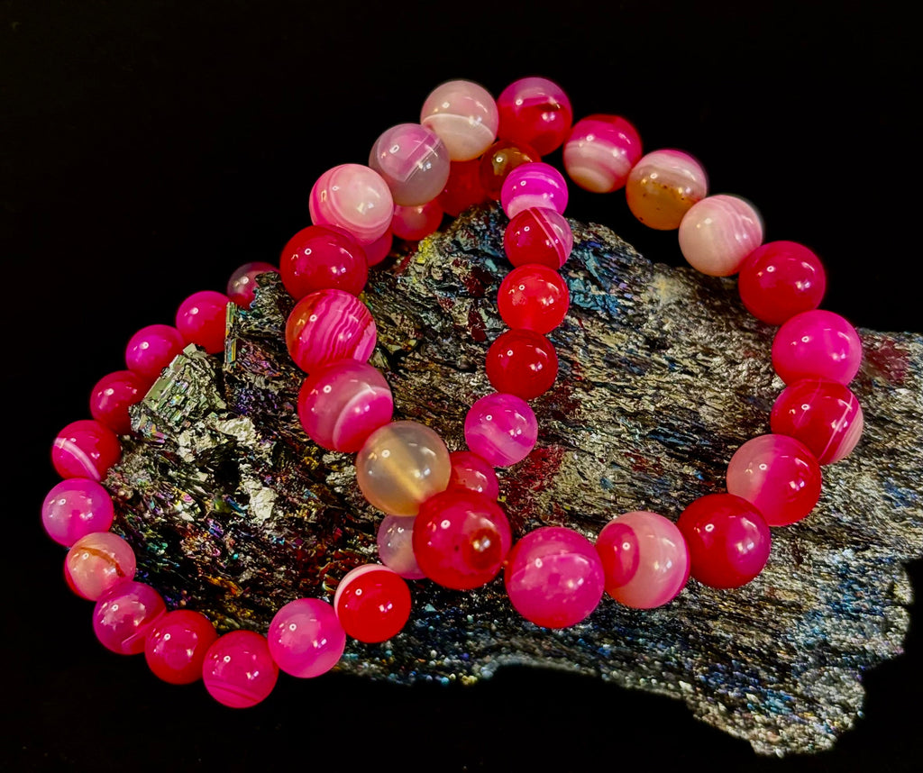 Fuchsia Pink Striped Agate Reiki-Infused Healing Bracelet (8mm or 10mm, 7.5” - Medium Wrists)