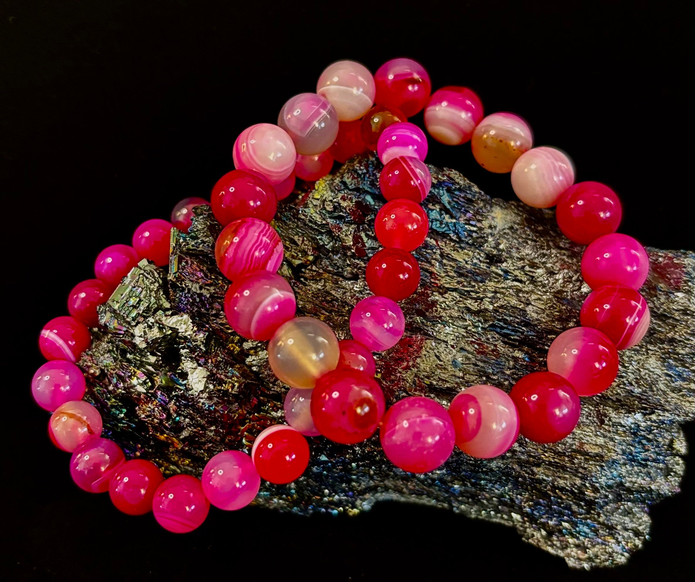 Fuchsia Pink Striped Agate Reiki-Infused Healing Bracelet (8mm or 10mm, 7.5” - Medium Wrists)