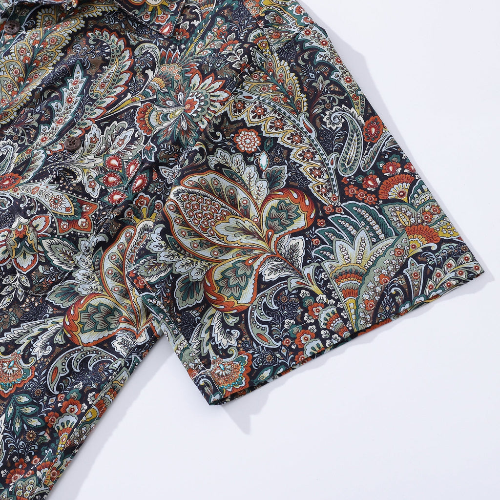 Vintage Scrollwork Print Cotton Camp Collar Shirt for Men