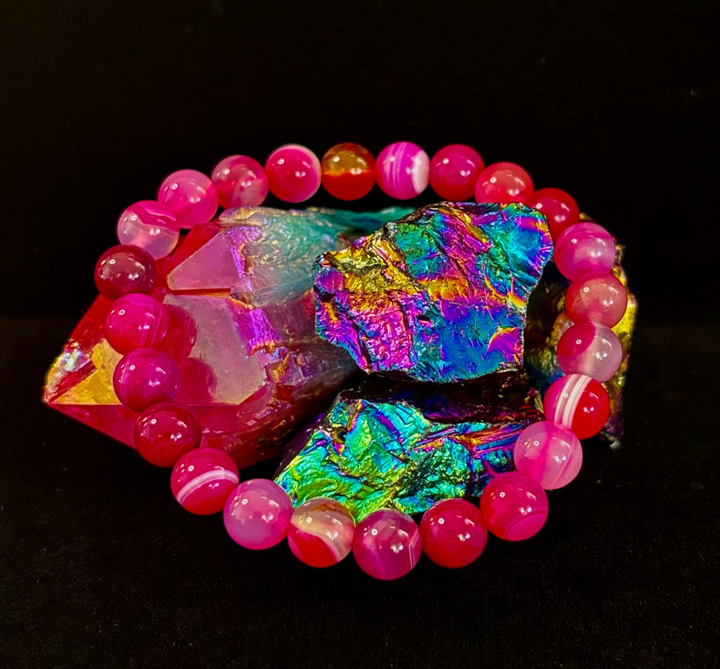 Fuchsia Pink Striped Agate Reiki-Infused Healing Bracelet (8mm or 10mm, 7.5” - Medium Wrists)