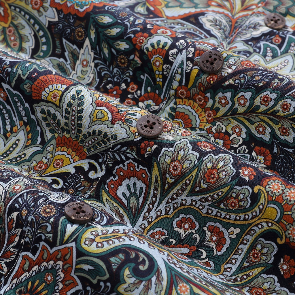 Vintage Scrollwork Print Cotton Camp Collar Shirt for Men