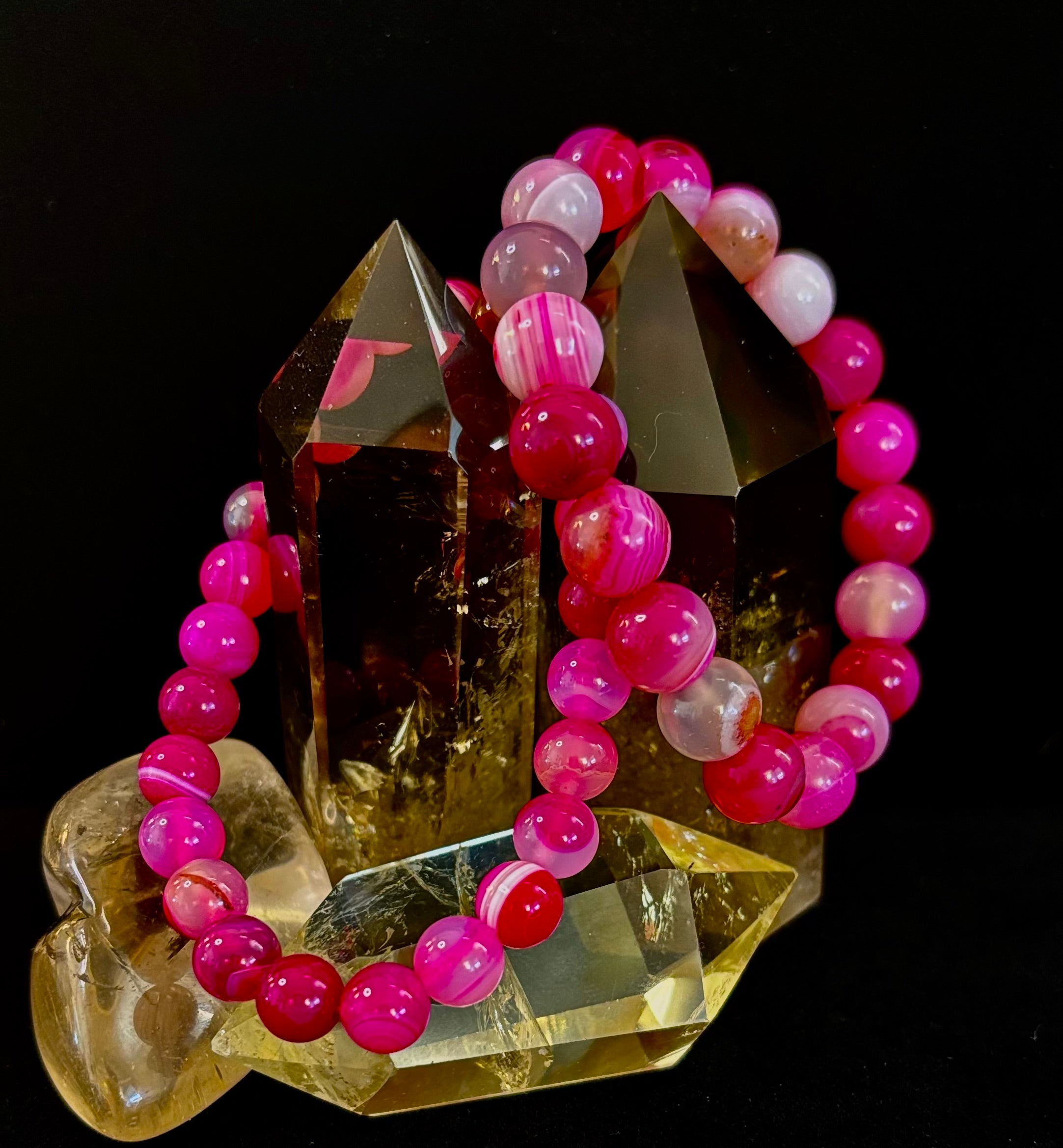 Fuchsia Pink Striped Agate Reiki-Infused Healing Bracelet (8mm or 10mm, 7.5” - Medium Wrists)