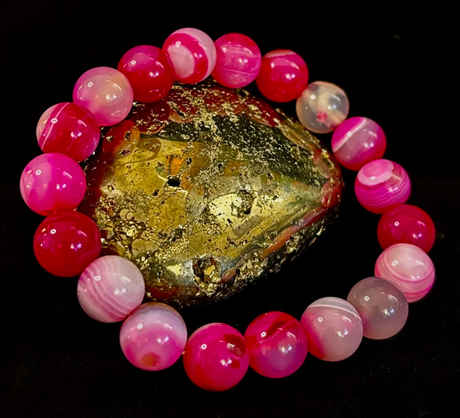 Fuchsia Pink Striped Agate Reiki-Infused Healing Bracelet (8mm or 10mm, 7.5” - Medium Wrists)