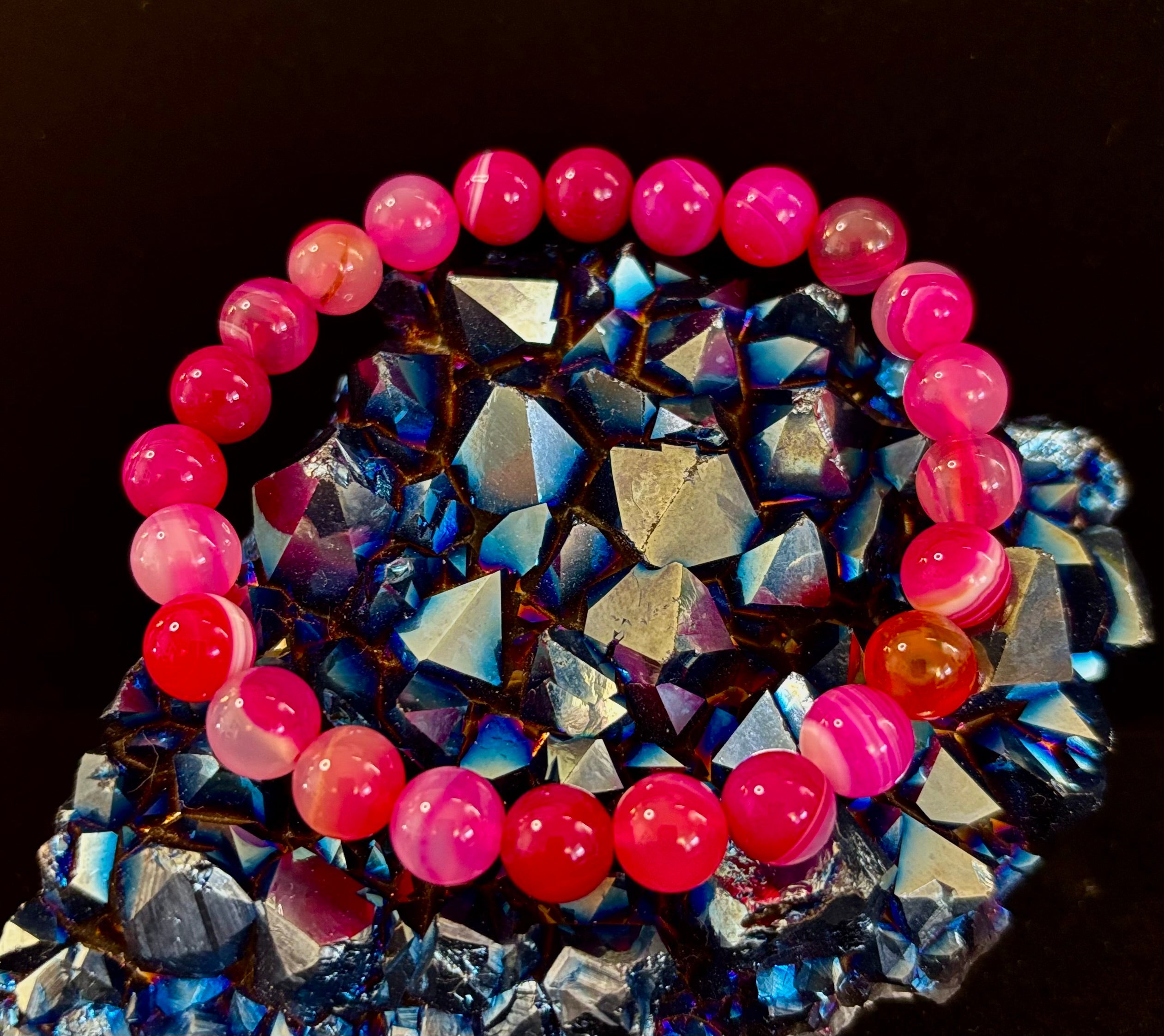 Fuchsia Pink Striped Agate Reiki-Infused Healing Bracelet (8mm or 10mm, 7.5” - Medium Wrists)