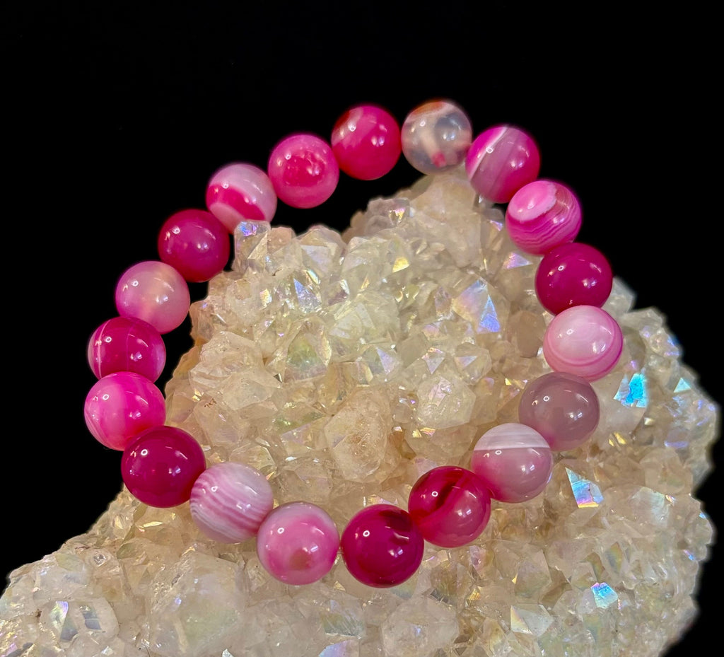 Fuchsia Pink Striped Agate Reiki-Infused Healing Bracelet (8mm or 10mm, 7.5” - Medium Wrists)