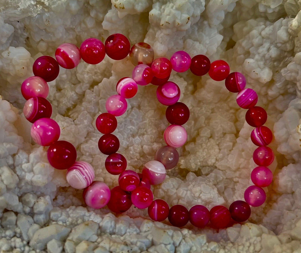 Fuchsia Pink Striped Agate Reiki-Infused Healing Bracelet (8mm or 10mm, 7.5” - Medium Wrists)