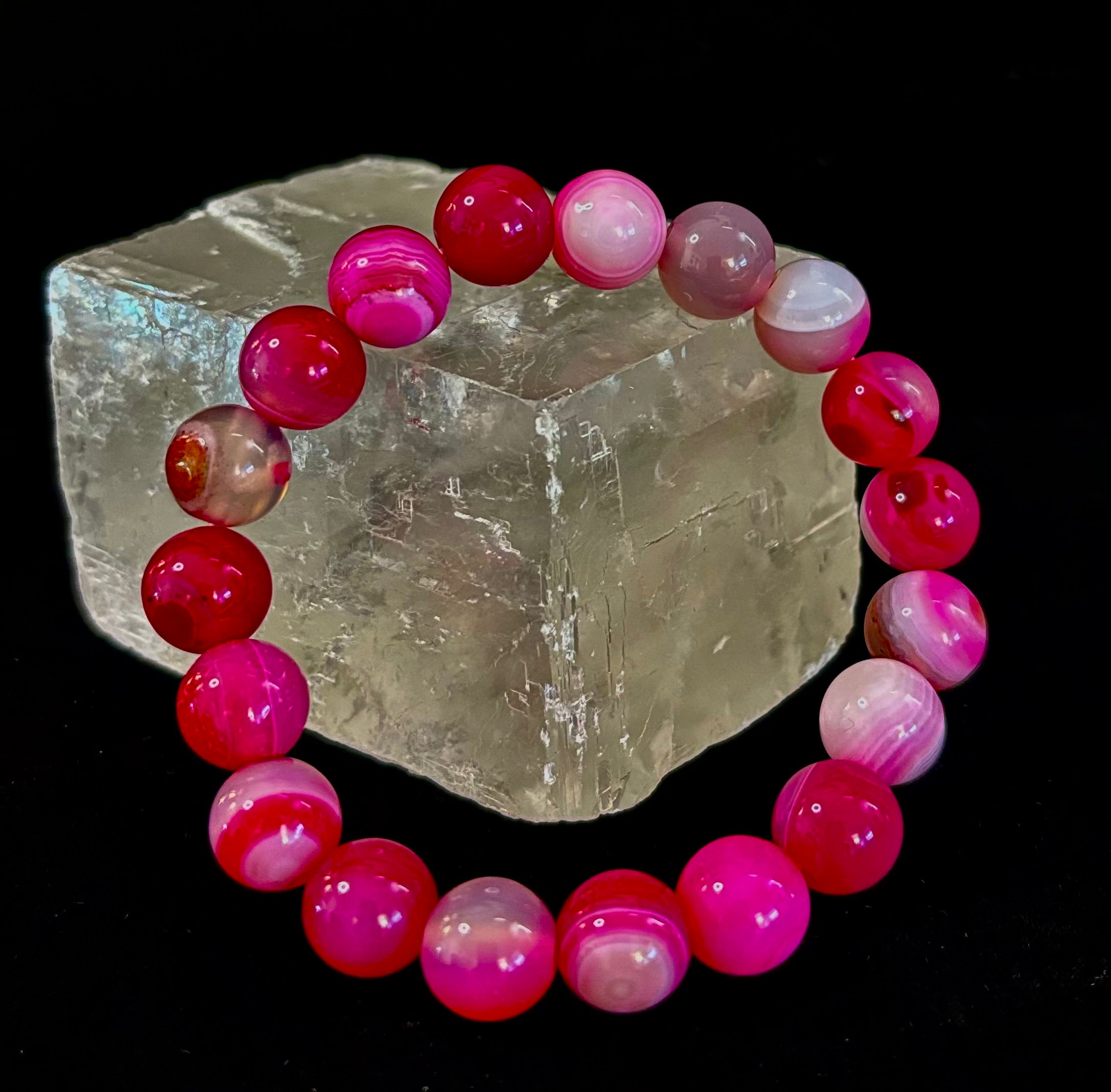 Fuchsia Pink Striped Agate Reiki-Infused Healing Bracelet (8mm or 10mm, 7.5” - Medium Wrists)