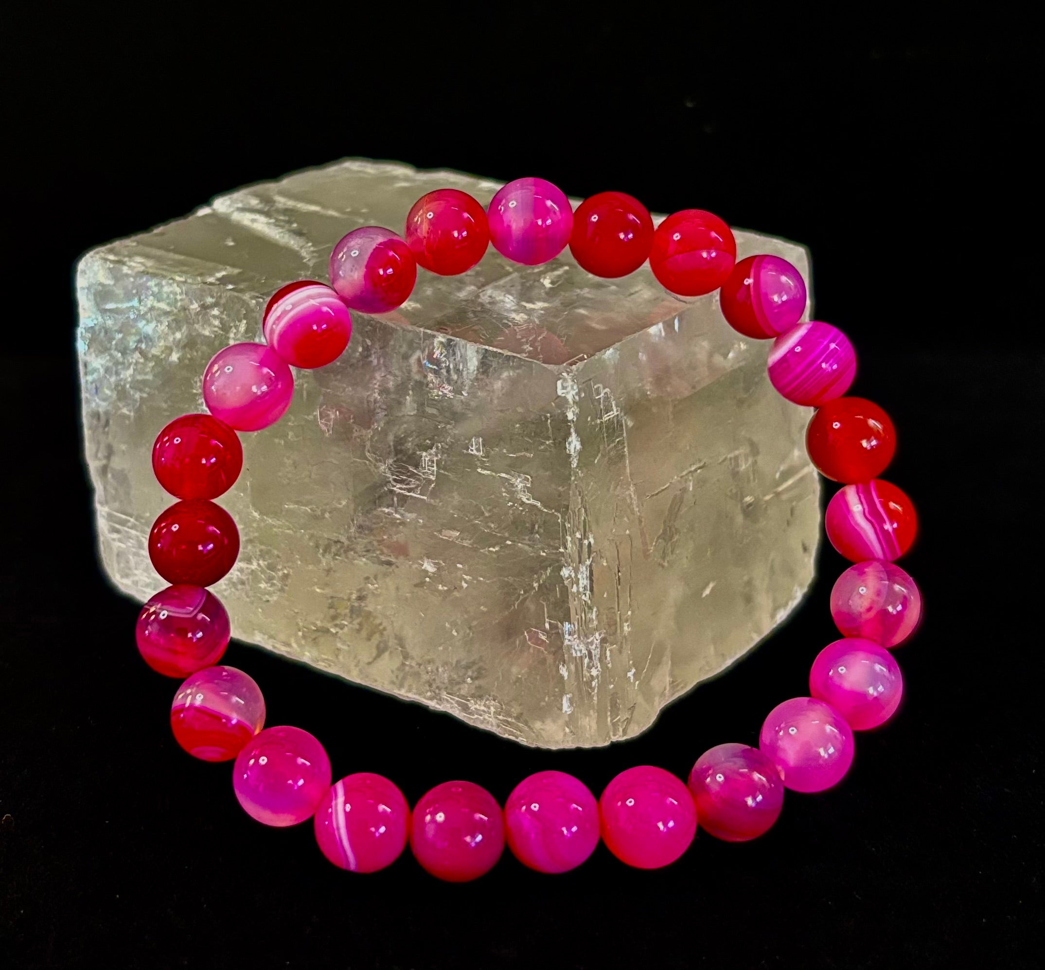 Fuchsia Pink Striped Agate Reiki-Infused Healing Bracelet (8mm or 10mm, 7.5” - Medium Wrists)