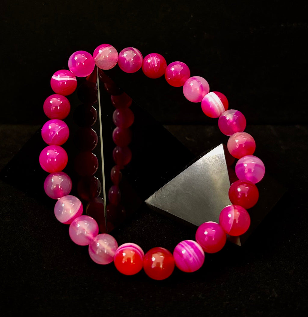 Fuchsia Pink Striped Agate Reiki-Infused Healing Bracelet (8mm or 10mm, 7.5” - Medium Wrists)