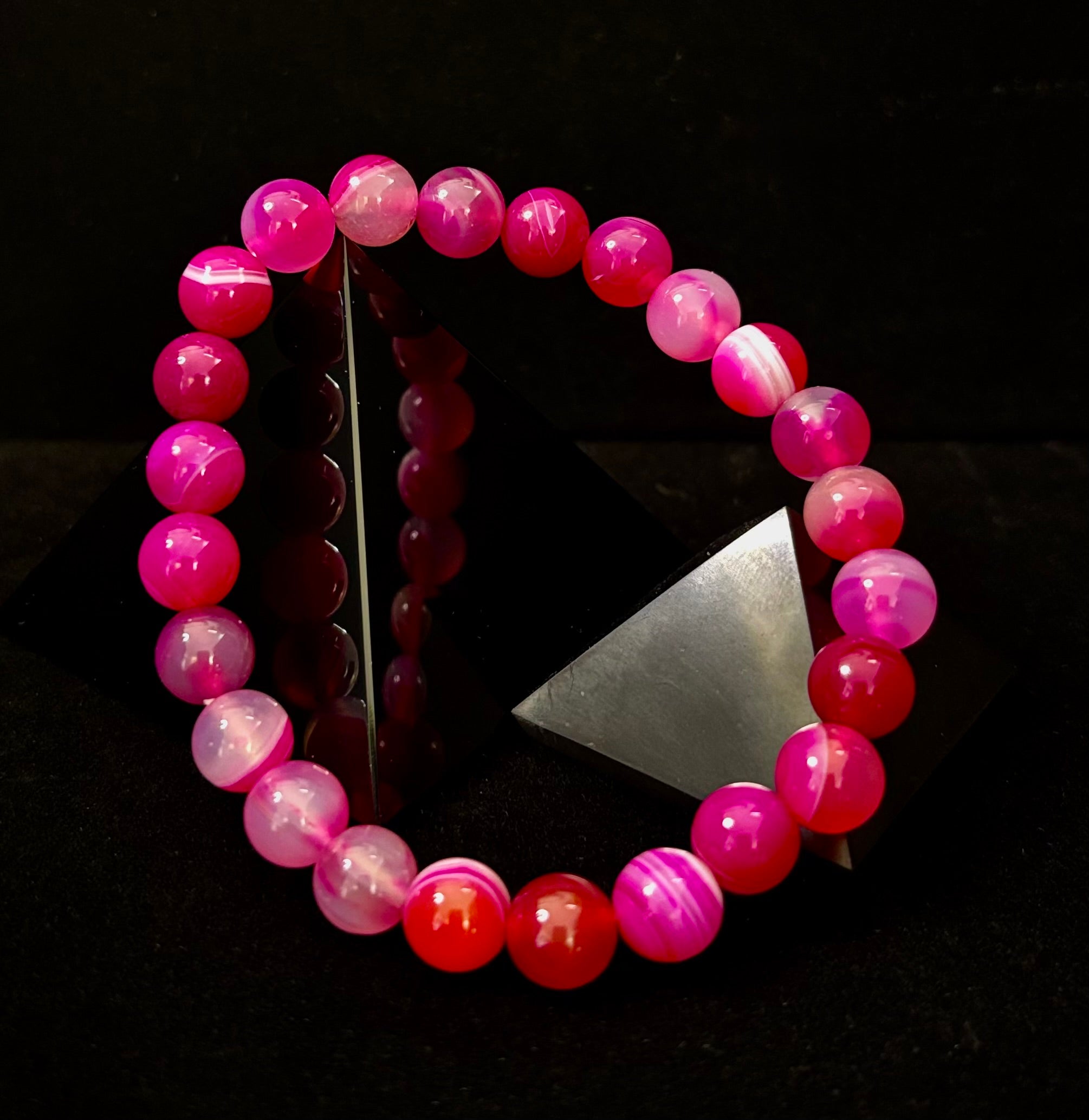 Fuchsia Pink Striped Agate Reiki-Infused Healing Bracelet (8mm or 10mm, 7.5” - Medium Wrists)