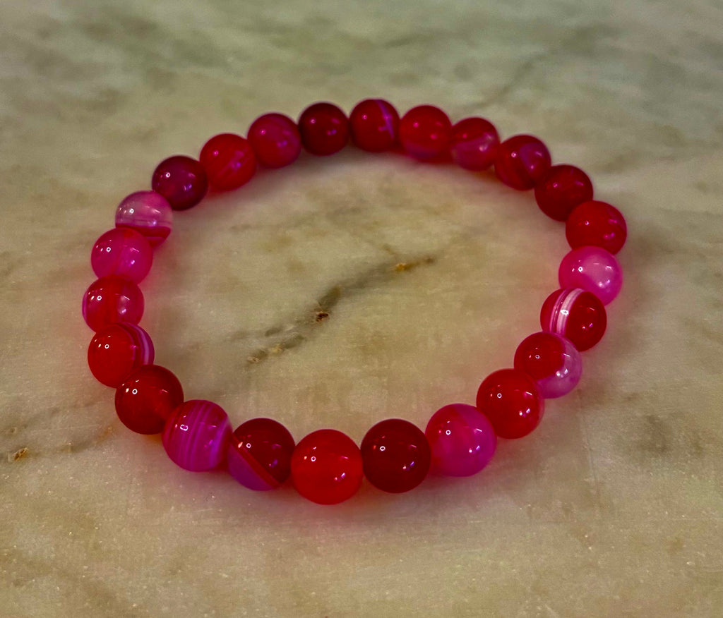 Fuchsia Pink Striped Agate Reiki-Infused Healing Bracelet (8mm or 10mm, 7.5” - Medium Wrists)