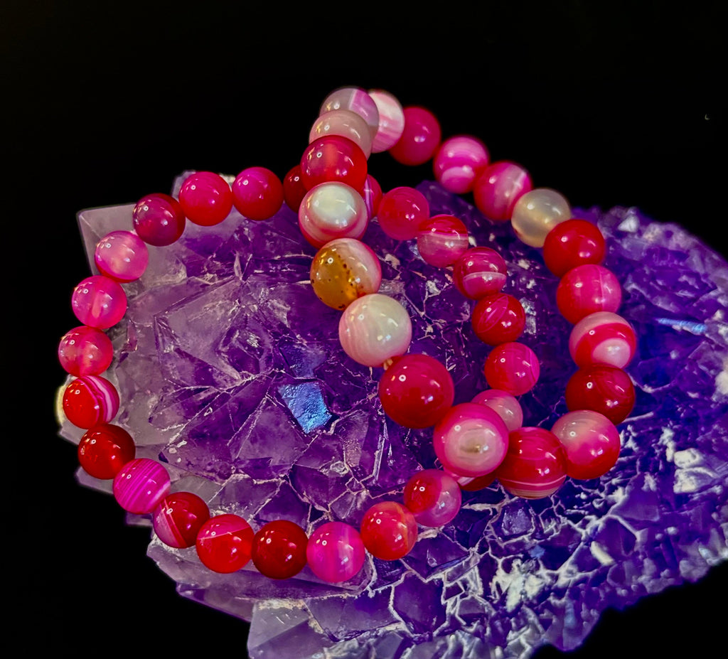 Fuchsia Pink Striped Agate Reiki-Infused Healing Bracelet (8mm or 10mm, 7.5” - Medium Wrists)