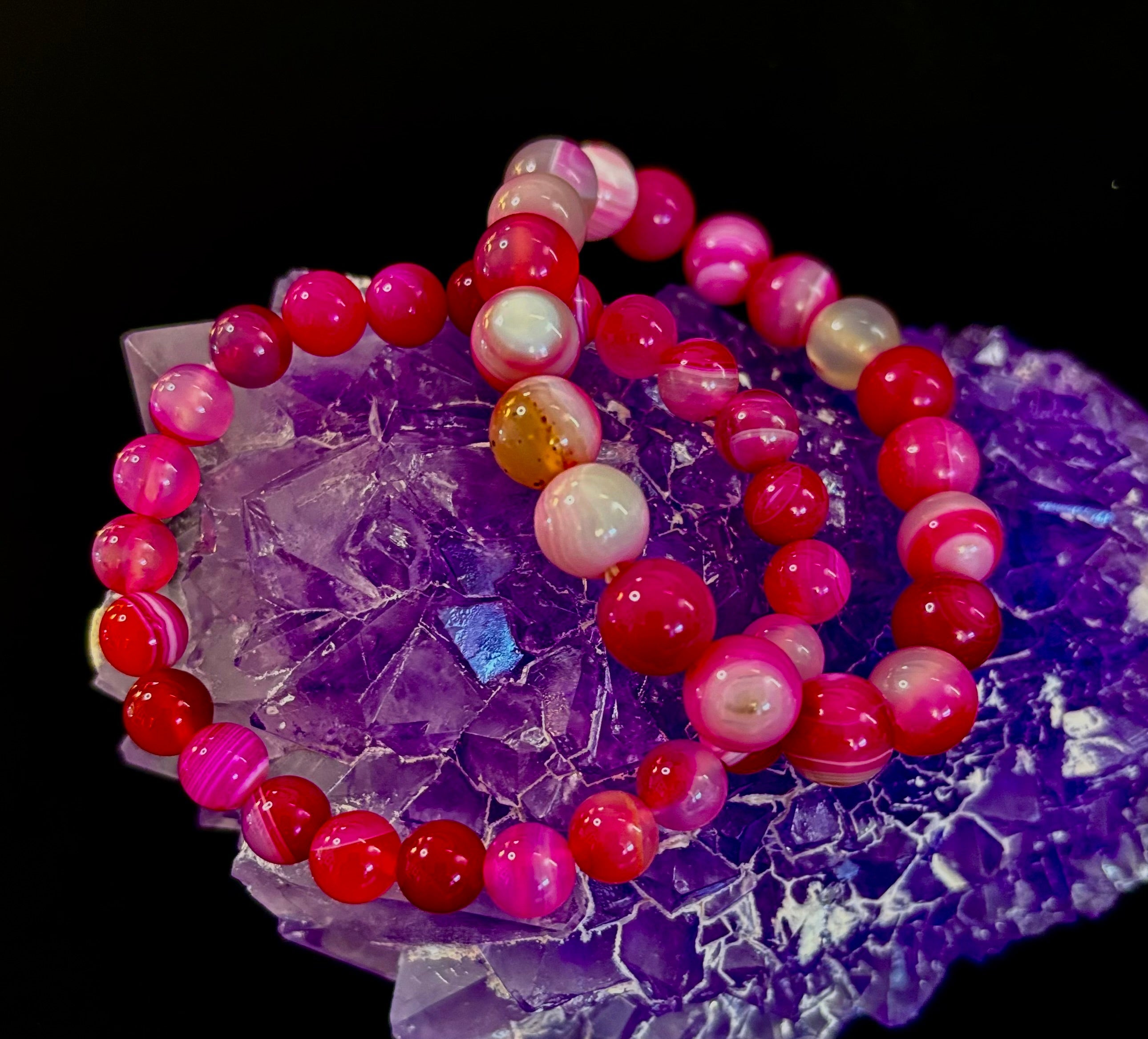 Fuchsia Pink Striped Agate Reiki-Infused Healing Bracelet (8mm or 10mm, 7.5” - Medium Wrists)