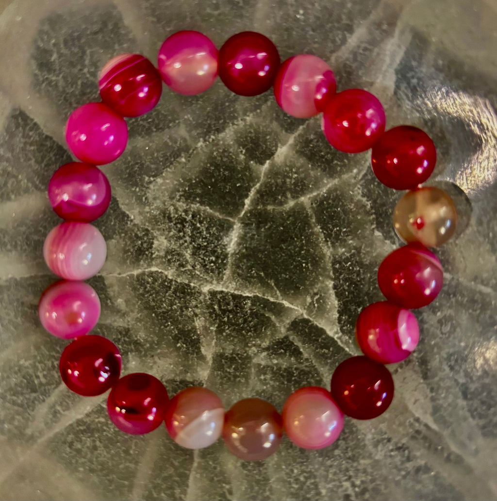 Fuchsia Pink Striped Agate Reiki-Infused Healing Bracelet (8mm or 10mm, 7.5” - Medium Wrists)
