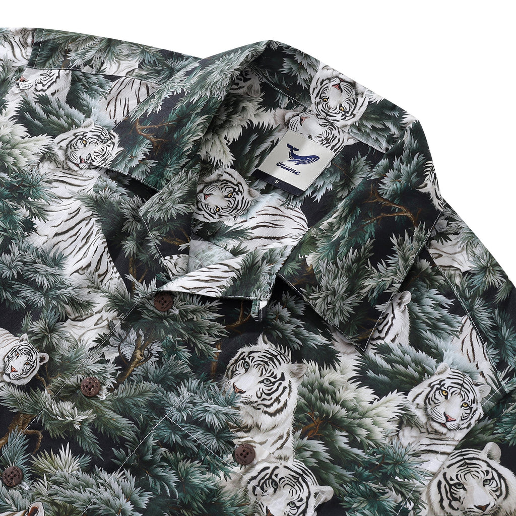 Men's White Tiger Animal Print Camp Collar Cotton Hawaiian Shirt