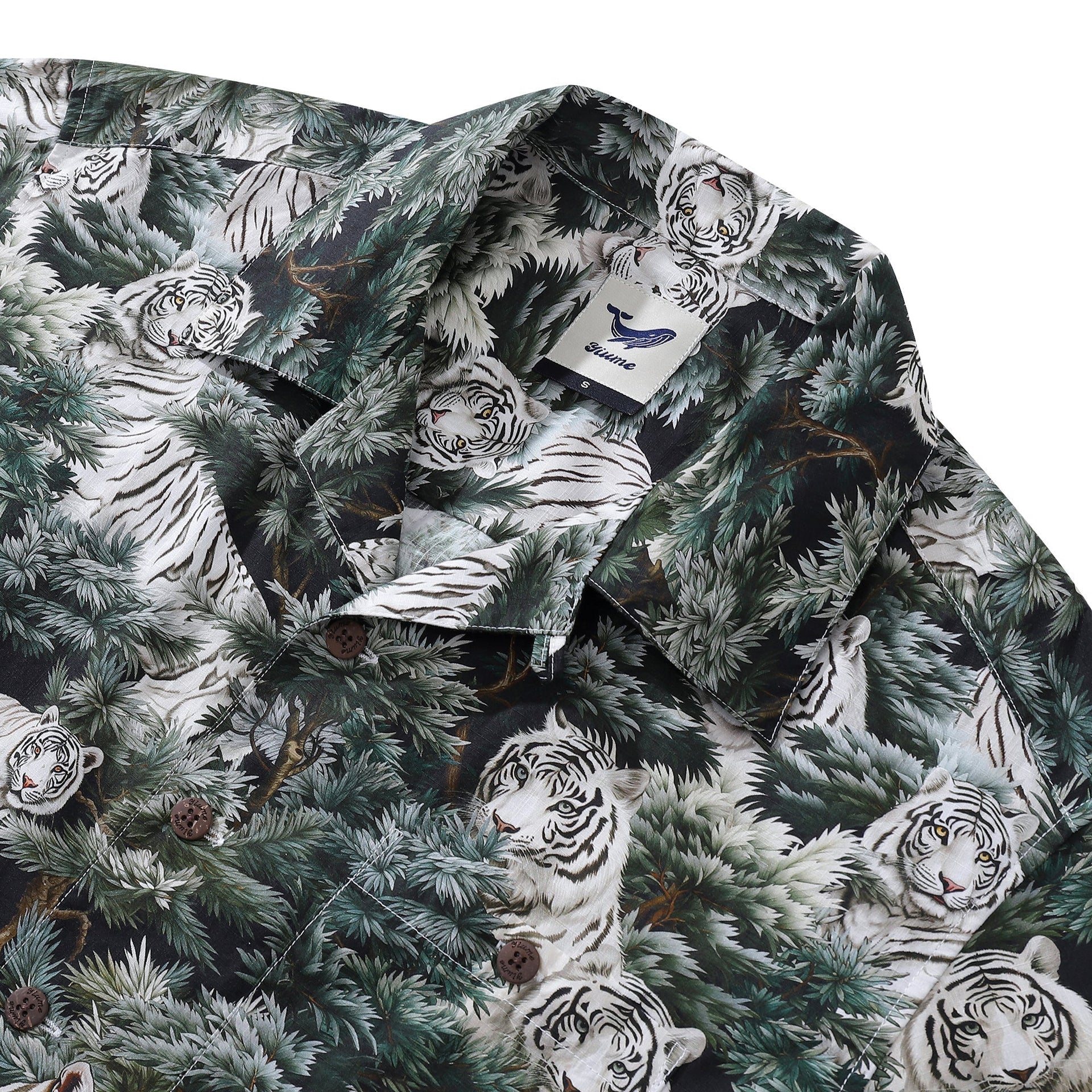 Men's White Tiger Animal Print Camp Collar Cotton Hawaiian Shirt