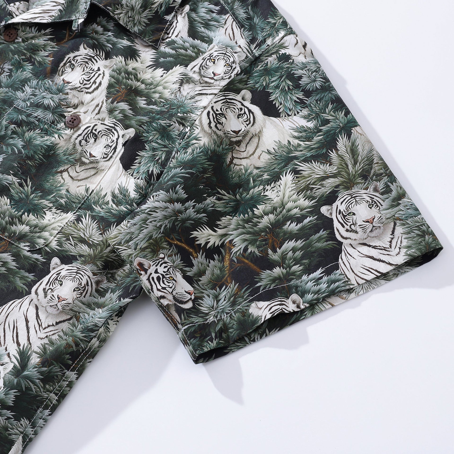 Men's White Tiger Animal Print Camp Collar Cotton Hawaiian Shirt