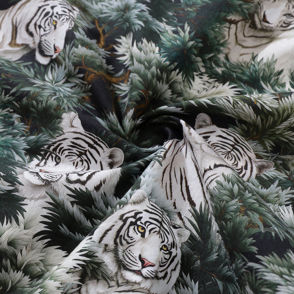 Men's White Tiger Animal Print Camp Collar Cotton Hawaiian Shirt