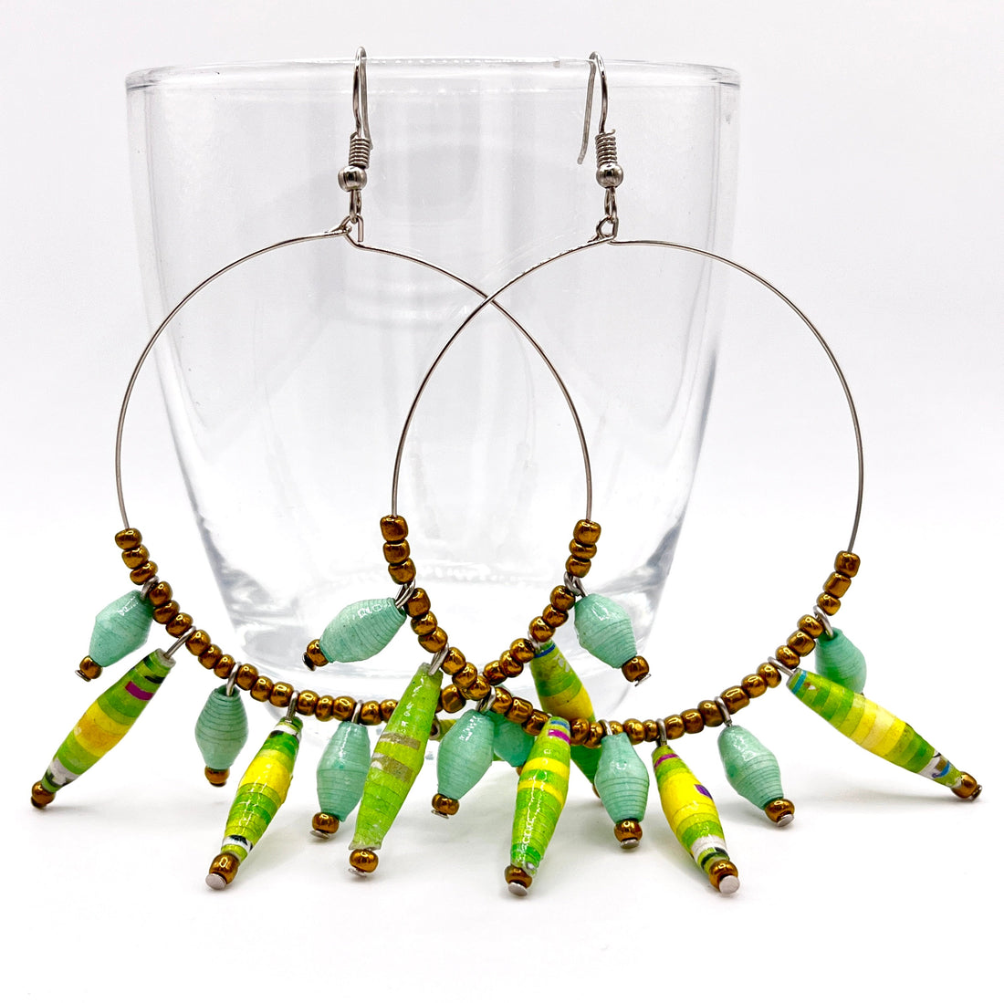 Artisan Ugandan Paper Bead Hoop Earrings, Multi-Color Statement
