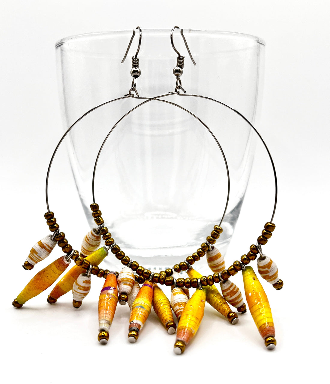 Artisan Ugandan Paper Bead Hoop Earrings, Multi-Color Statement