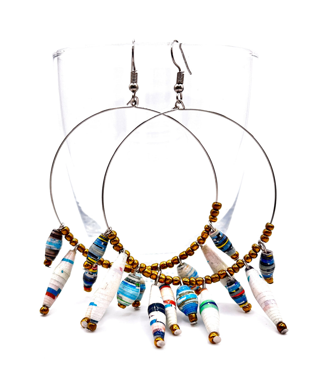 Artisan Ugandan Paper Bead Hoop Earrings, Multi-Color Statement