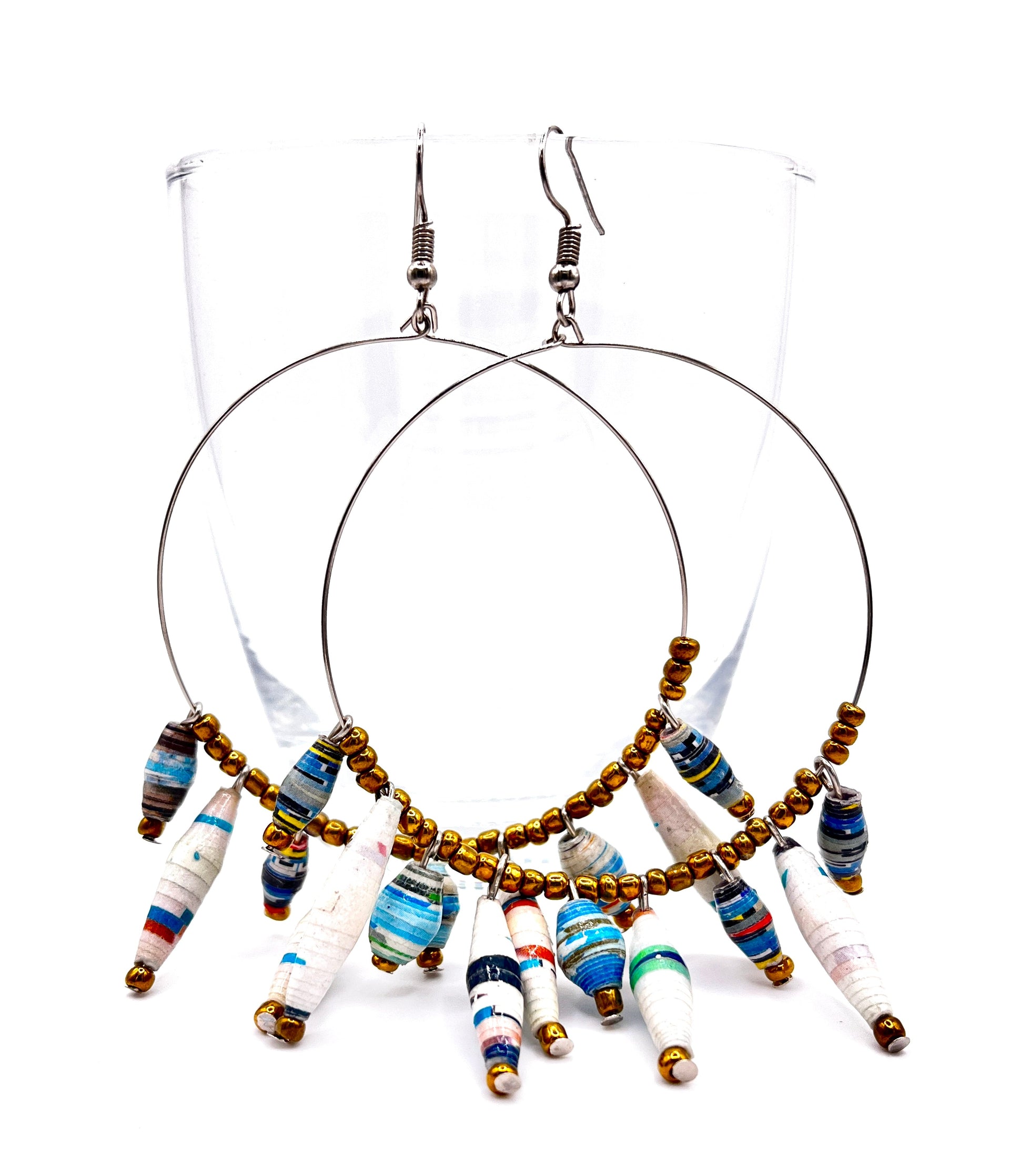 Artisan Ugandan Paper Bead Hoop Earrings, Multi-Color Statement