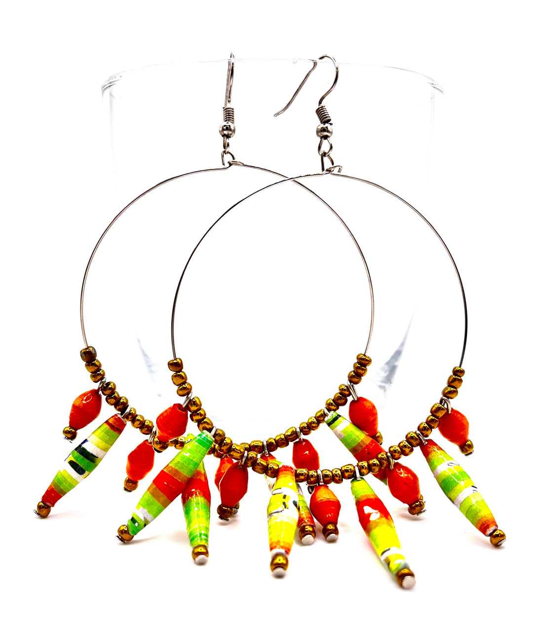 Artisan Ugandan Paper Bead Hoop Earrings, Multi-Color Statement