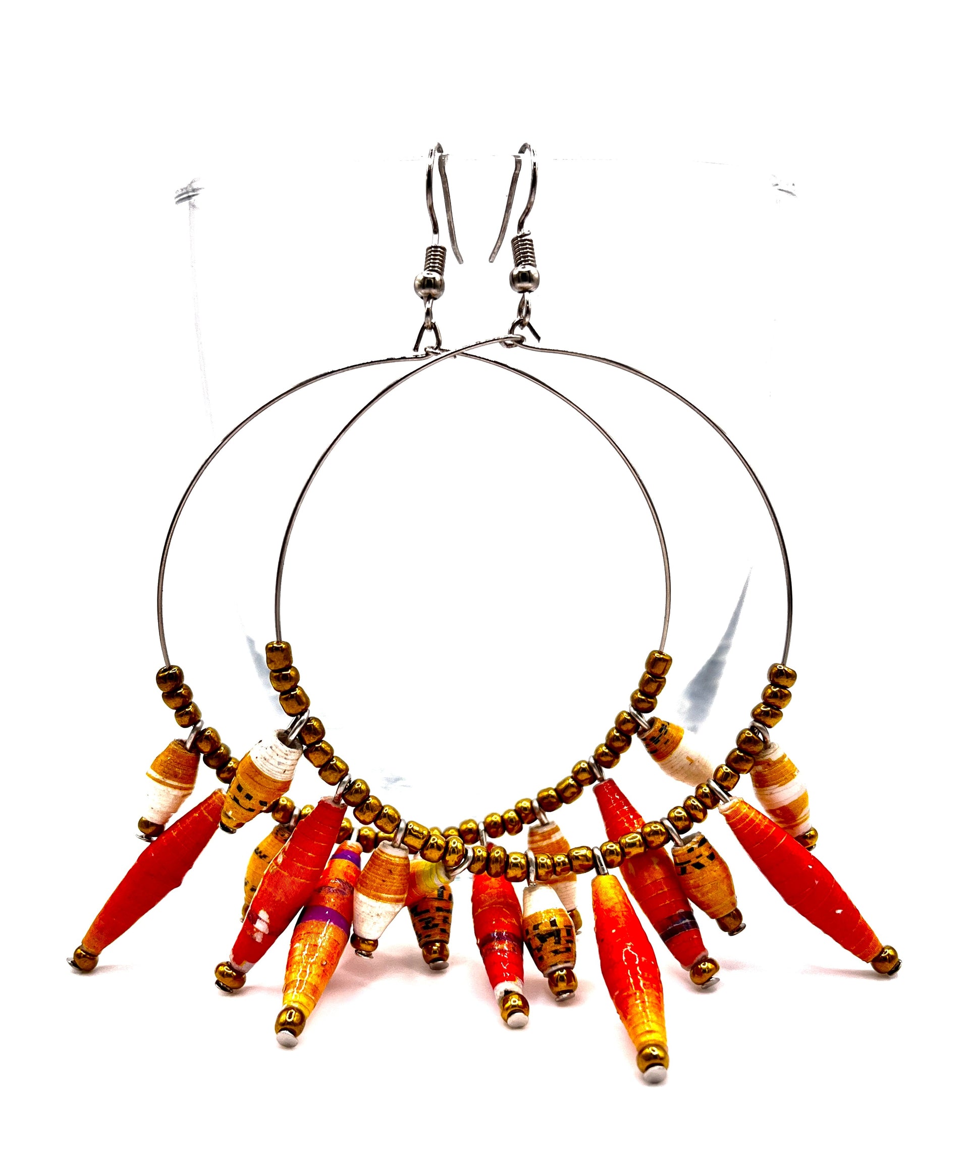 Artisan Ugandan Paper Bead Hoop Earrings, Multi-Color Statement