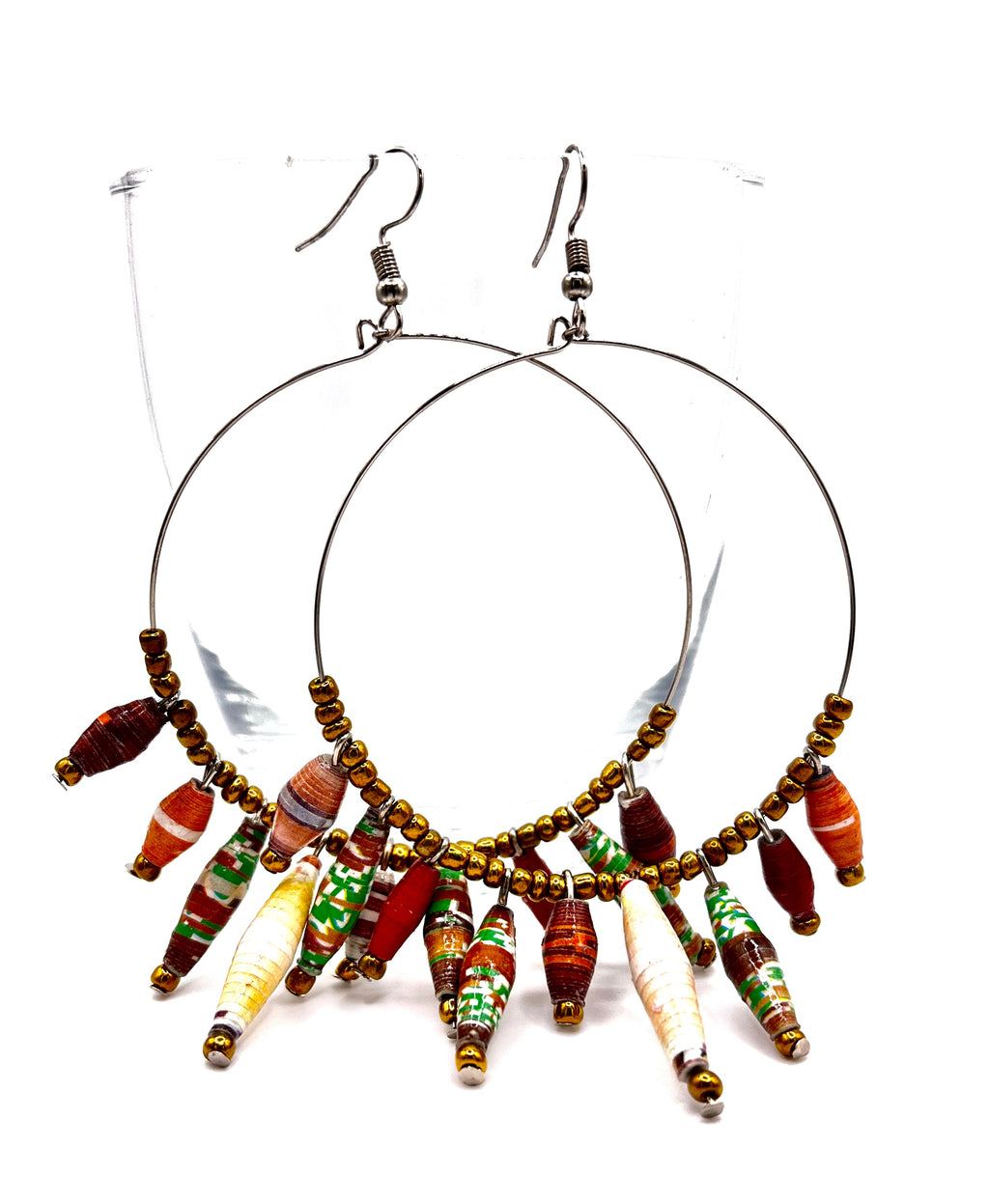 Artisan Ugandan Paper Bead Hoop Earrings, Multi-Color Statement