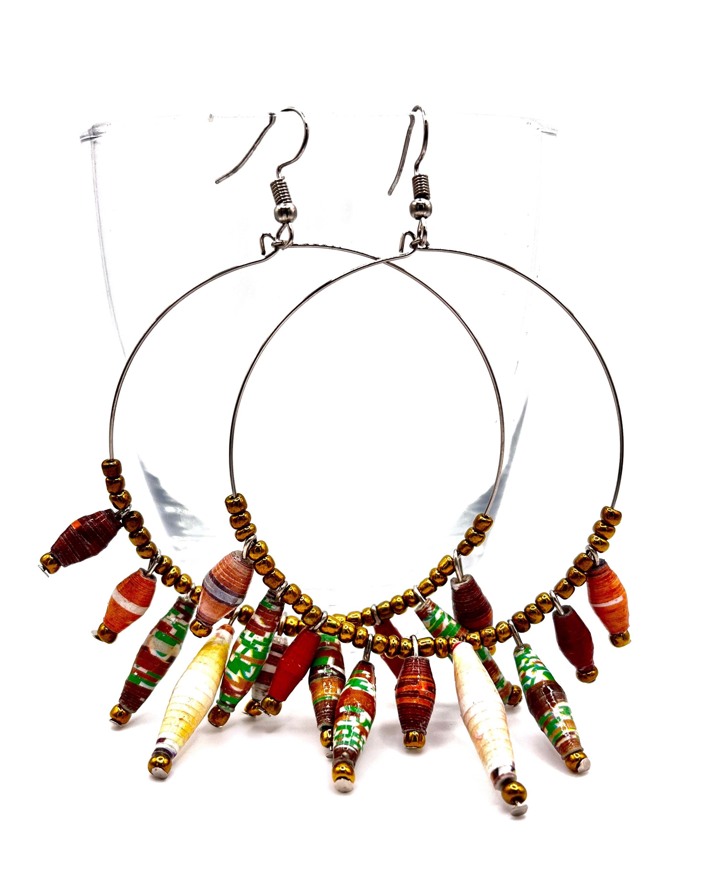 Artisan Ugandan Paper Bead Hoop Earrings, Multi-Color Statement