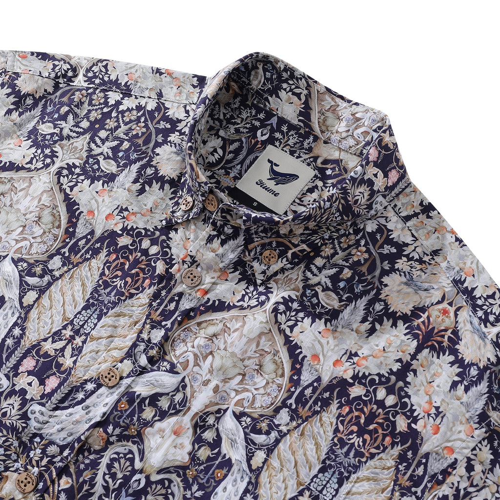 Men's 1940s Vintage Hawaiian Shirt Navy Garden of Serenity Print