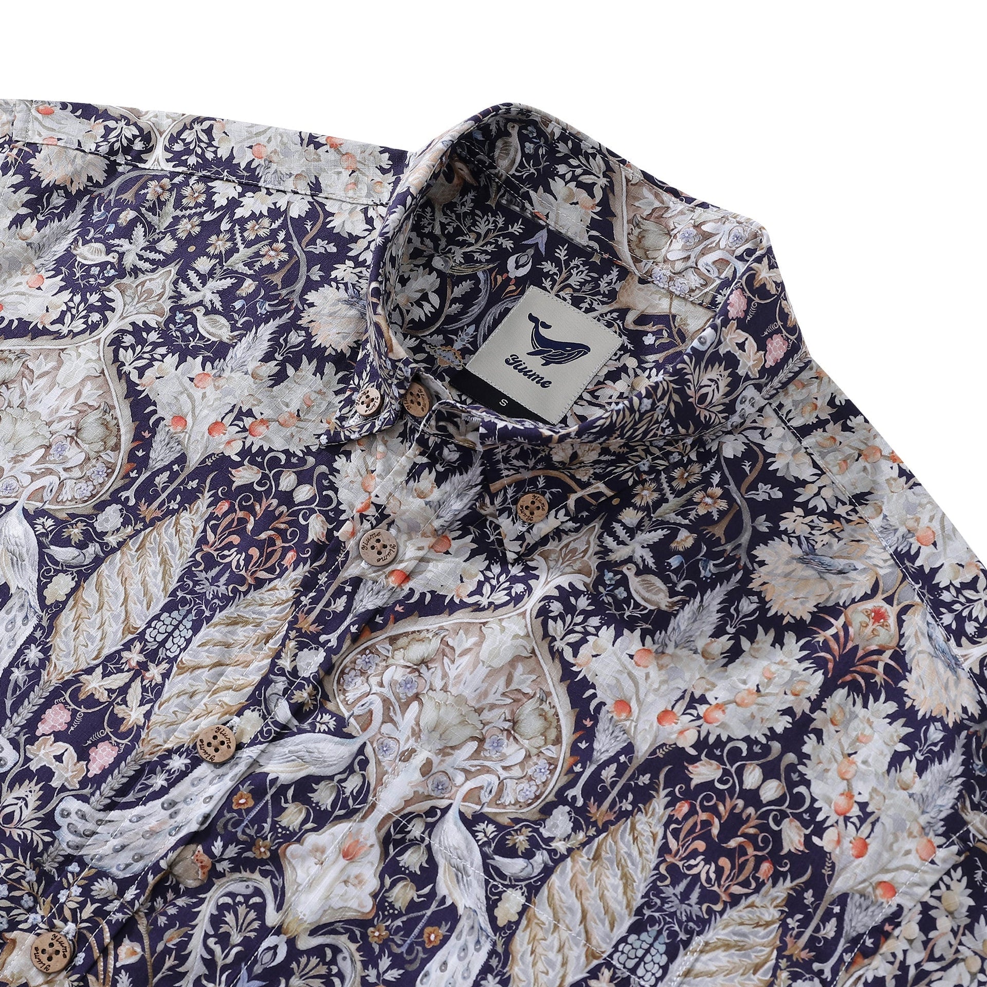 Men's 1940s Vintage Hawaiian Shirt Navy Garden of Serenity Print