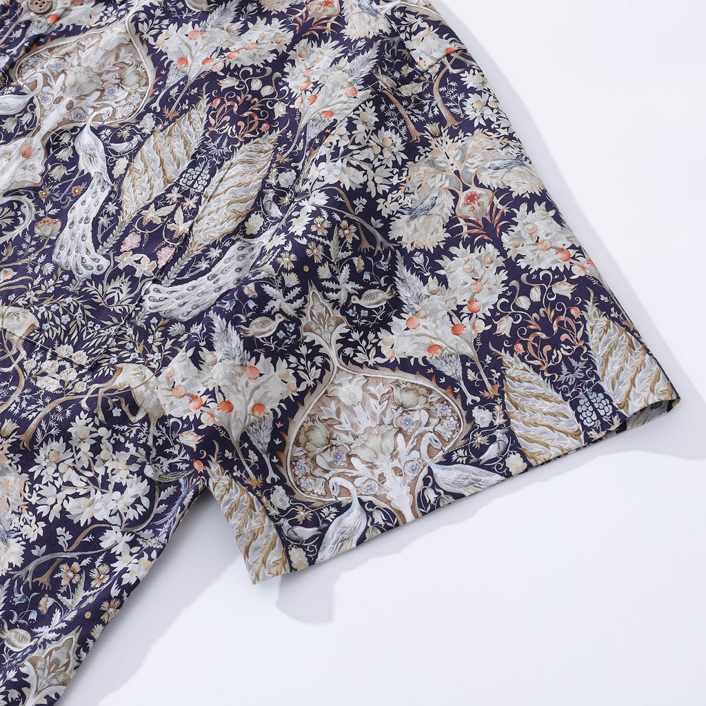 Men's 1940s Vintage Hawaiian Shirt Navy Garden of Serenity Print