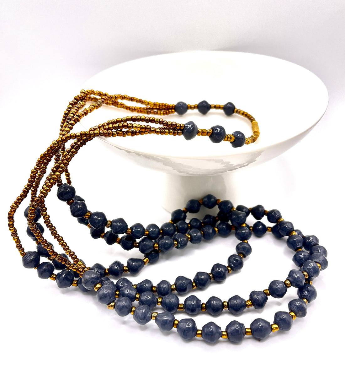 Multi-Strand Paper Bead Necklace in Purple and Brown
