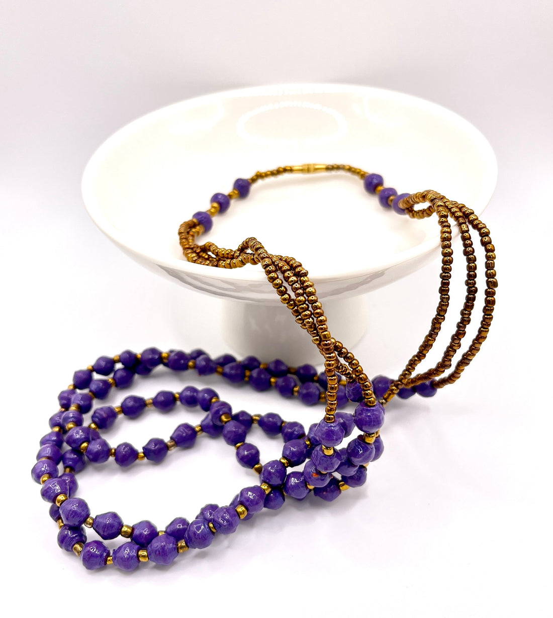 Multi-Strand Paper Bead Necklace in Purple and Brown