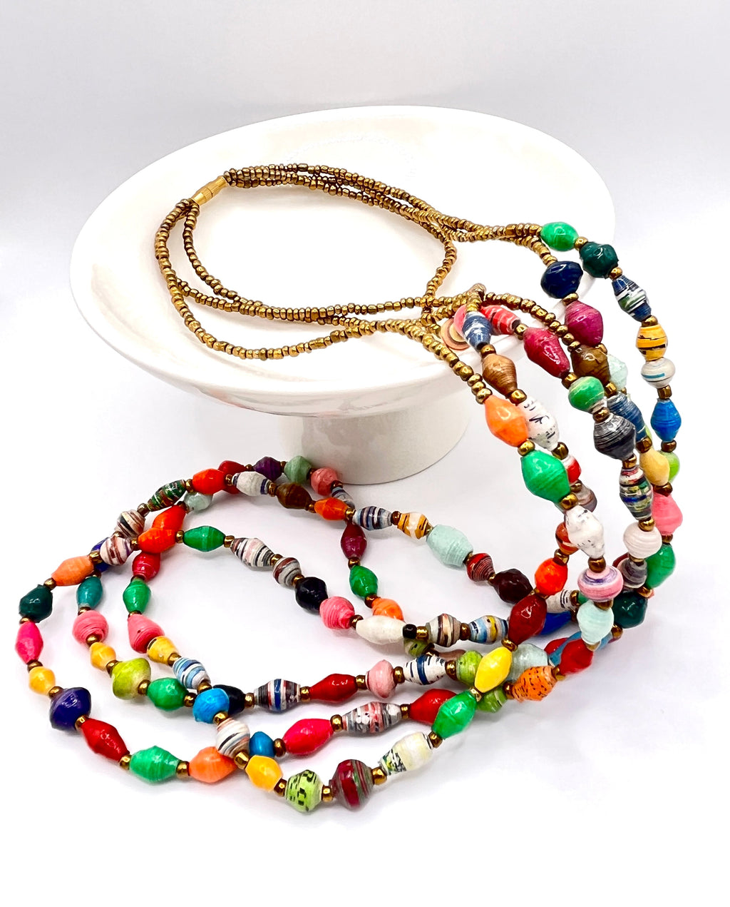 Rainbow Paper Bead Statement Necklace with Gold Accents