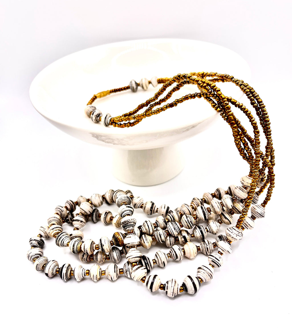 Ugandan Zebra Paper Bead Multi-Strand Necklace in Black and White